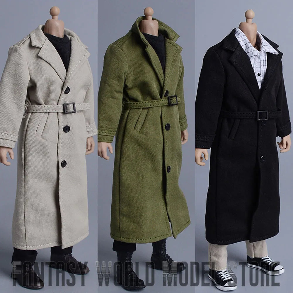 ATS 1/12 Scale Trendy Male Soldier Clothing Military Uniform British Long Trench Coat 3 Colors Fit 6'' Action Figure Body Doll
