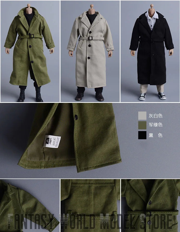 ATS 1/12 Scale Trendy Male Soldier Clothing Military Uniform British Long Trench Coat 3 Colors Fit 6'' Action Figure Body Doll